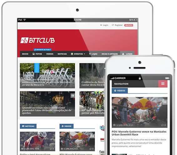 Website BTT Club apresentado num tablet e num smartphone
